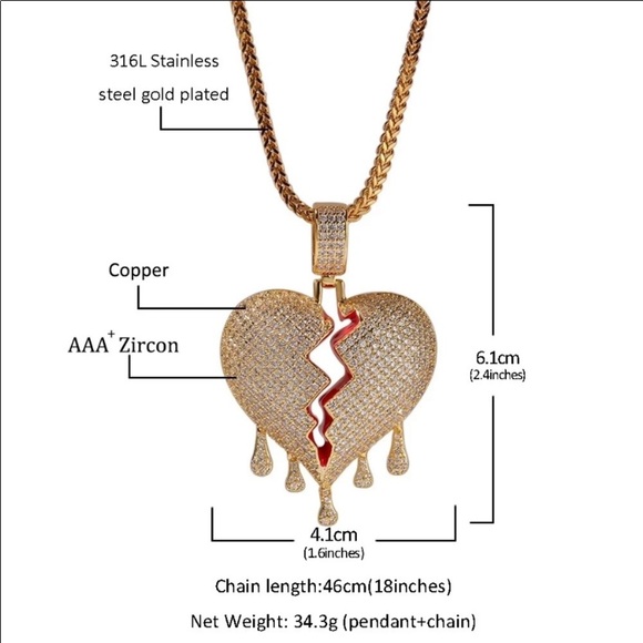 GOLD PLATED BLEEDING ZIRCON HEART ROPE CHAIN CHARM UNISEX NECKLACE - Picture 12 of 12